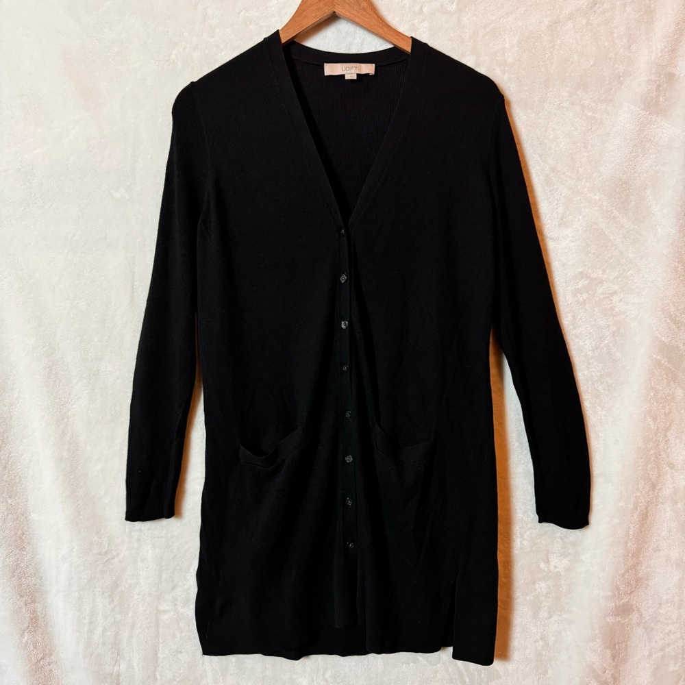 Loft long sleeve v neck midi duster cardigan sweater button up black large